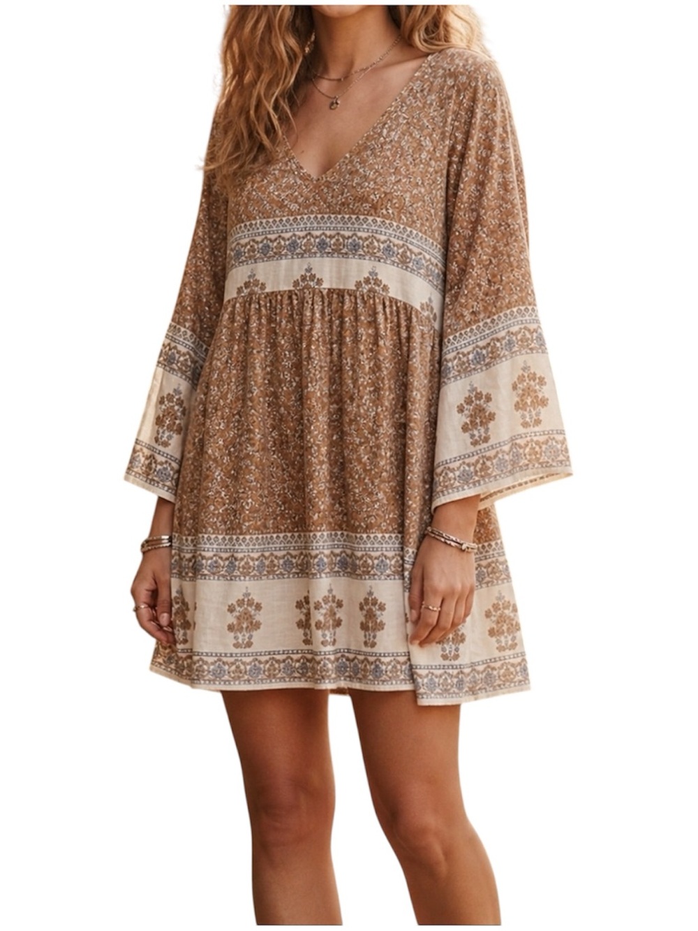 Boho Jane Mustard Floral Bell Sleeve Mini Dress Strappy Criss Cross Back Medium